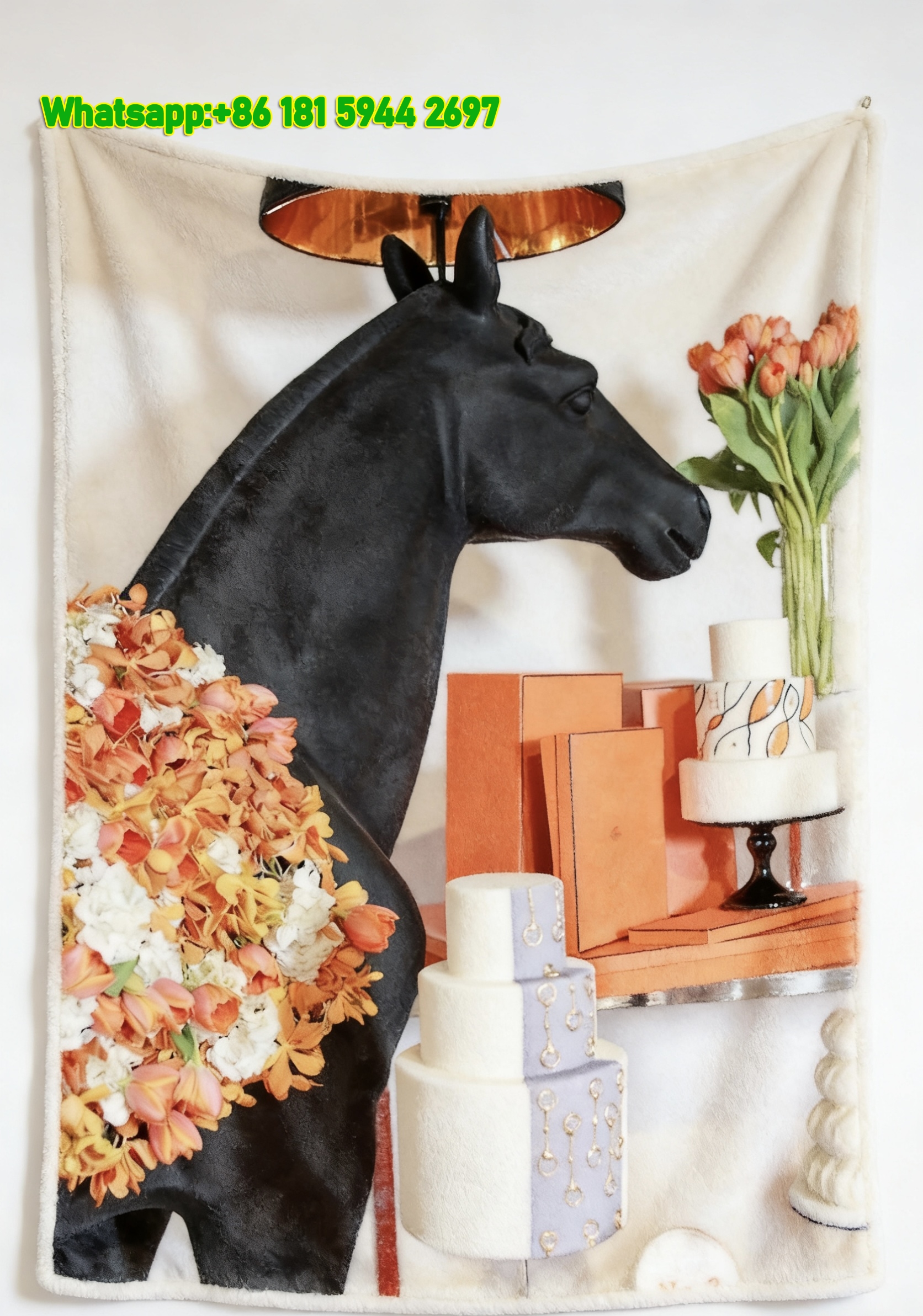 Hermès Inspired Orange Floral Horse Flannel Throw Blanket IMG_5332